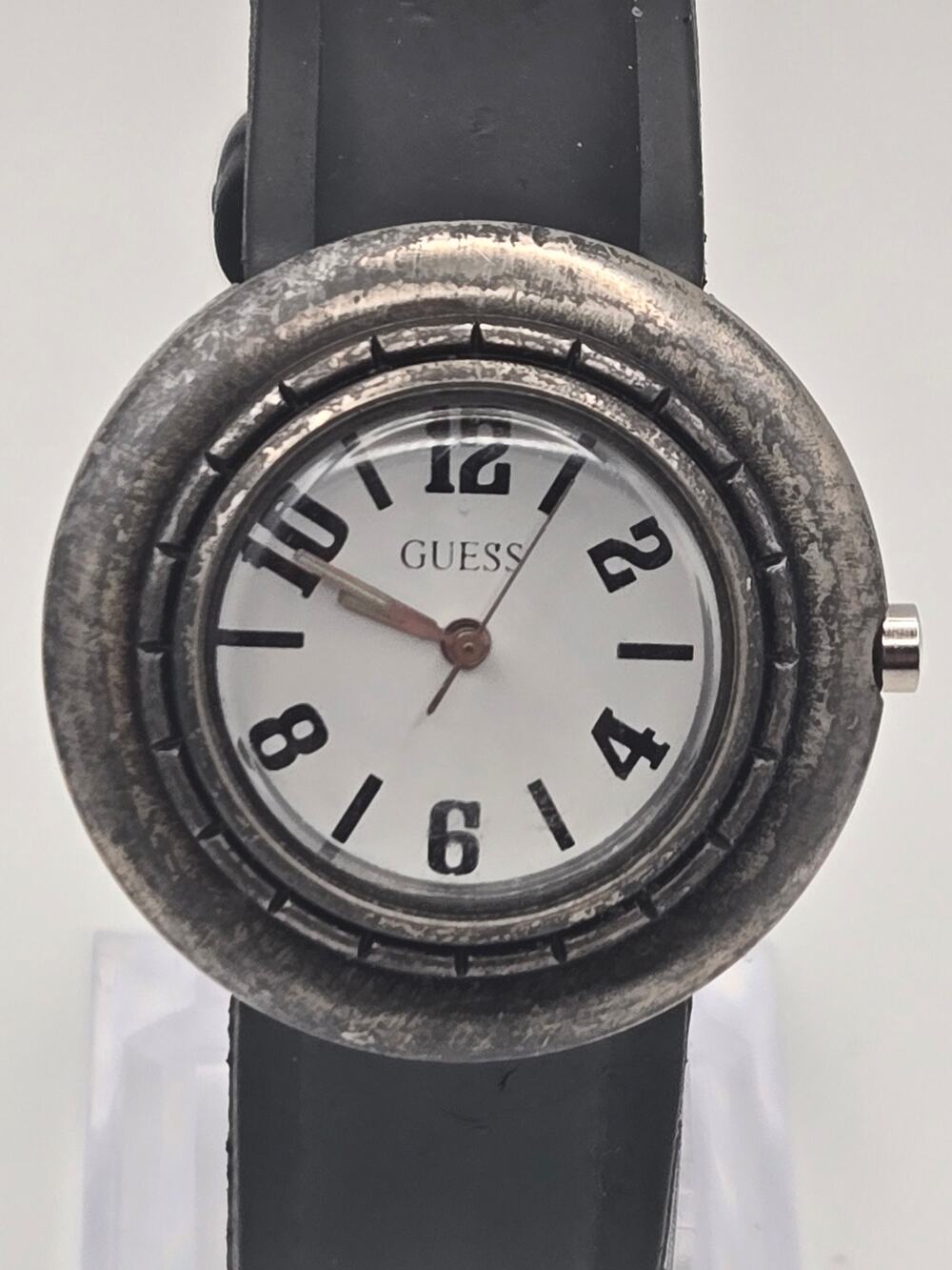 Vintage 90s Guess Quartz Watch Silver Tone Black Leather